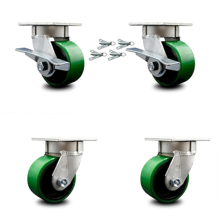 Service Caster 4 Inch Kingpinless Green Poly on Steel Wheel Caster Swivel Locks 2 Brakes, 4PK SCC-KP30S420-PUR-GB-SLB-BSL-2-BSL-2